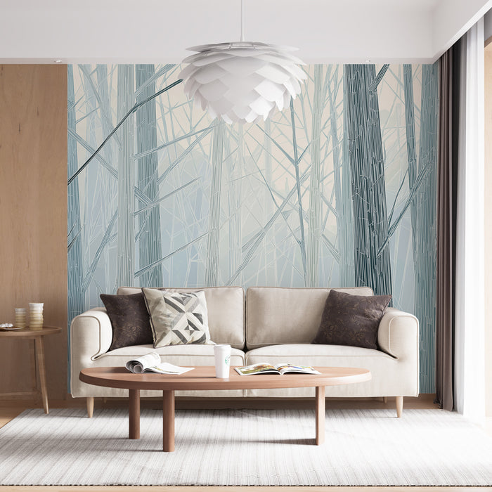 Un salon contemporain avec un papier peint représentant une forêt de bambous stylisés dans des teintes douces de bleu, créant une atmosphère apaisante et moderne.