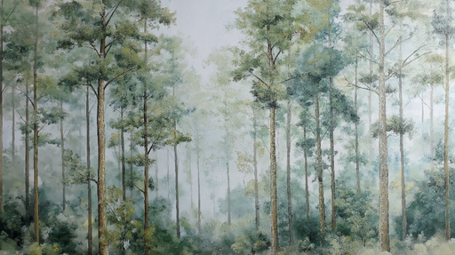 Papier peint forêt brumeuse Arbres élancés entourés d'une atmosphère éthérée