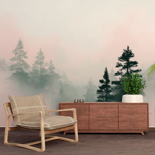 Une pièce moderne avec un papier peint représentant une forêt brumeuse aux teintes douces de vert et de rose, créant une atmosphère apaisante et naturelle.