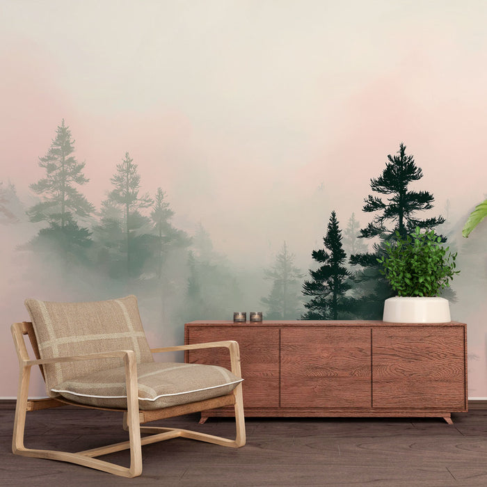 Une pièce moderne avec un papier peint représentant une forêt brumeuse aux teintes douces de vert et de rose, créant une atmosphère apaisante et naturelle.