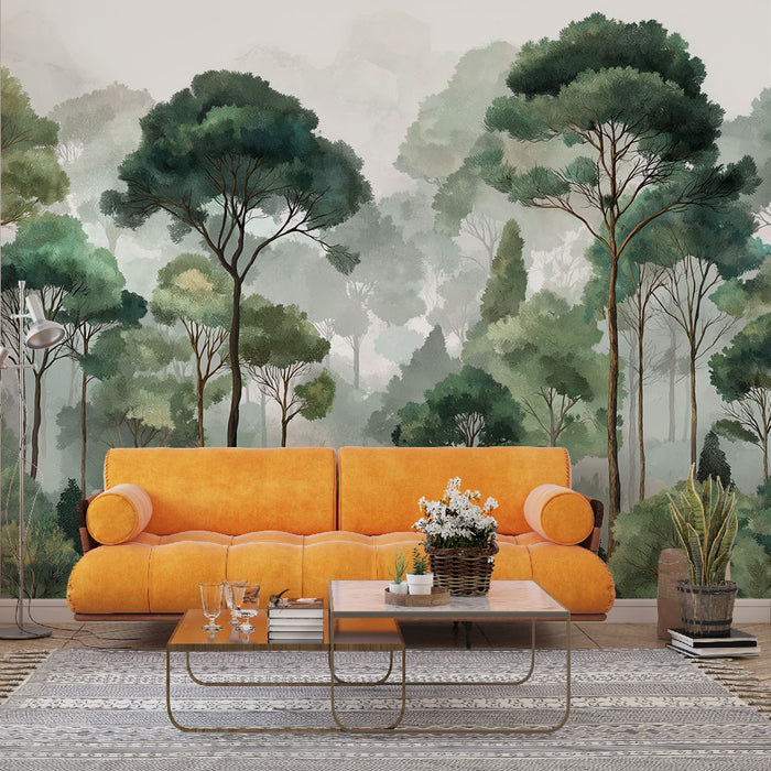 Un salon moderne avec un papier peint représentant une forêt brumeuse aux nuances vertes et grises, créant une atmosphère apaisante et naturelle.