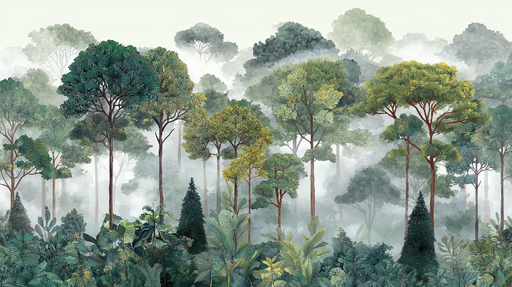 Papier peint forêt brumeuse Arbres luxuriants et feuillage varié dans un paysage apaisant