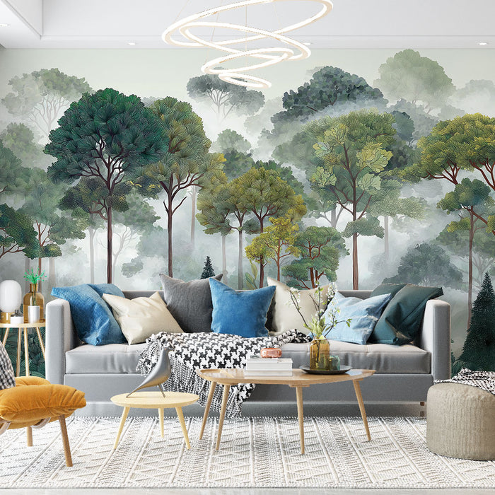 Un salon moderne avec un papier peint représentant une forêt dense aux nuances de vert et de gris, créant une atmosphère apaisante et naturelle.