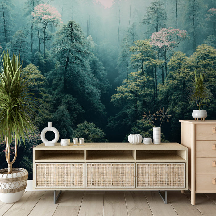 Une pièce moderne avec un papier peint représentant une forêt brumeuse aux teintes vertes et bleues, créant une atmosphère apaisante et naturelle.
