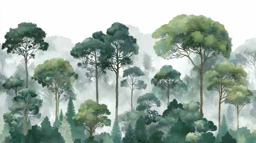 Papier peint forêt brumeuse Arbres majestueux dans des tonalités de vert et de bleu