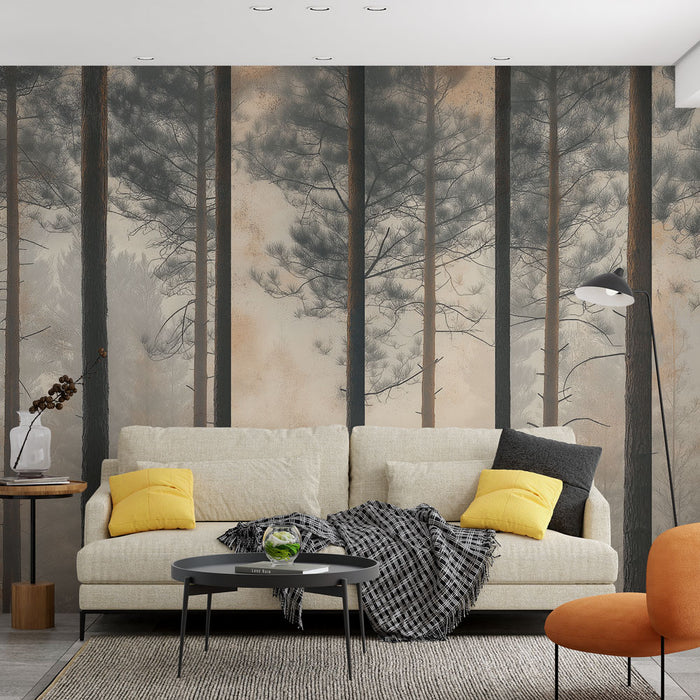 Un salon moderne avec un papier peint représentant des arbres stylisés sur fond beige, créant une atmosphère apaisante et naturelle.