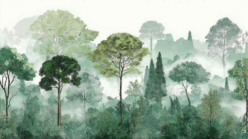 Papier peint forêt brumeuse Arbres majestueux entourés de brouillard et de verdure luxuriante