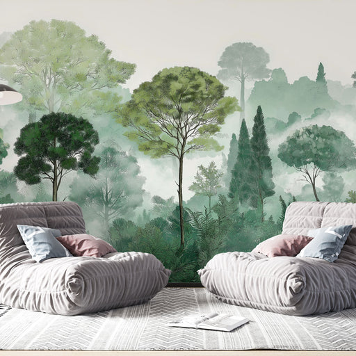 Une pièce moderne avec un papier peint représentant une forêt verdoyante, évoquant une atmosphère apaisante et naturelle grâce à ses nuances de vert.