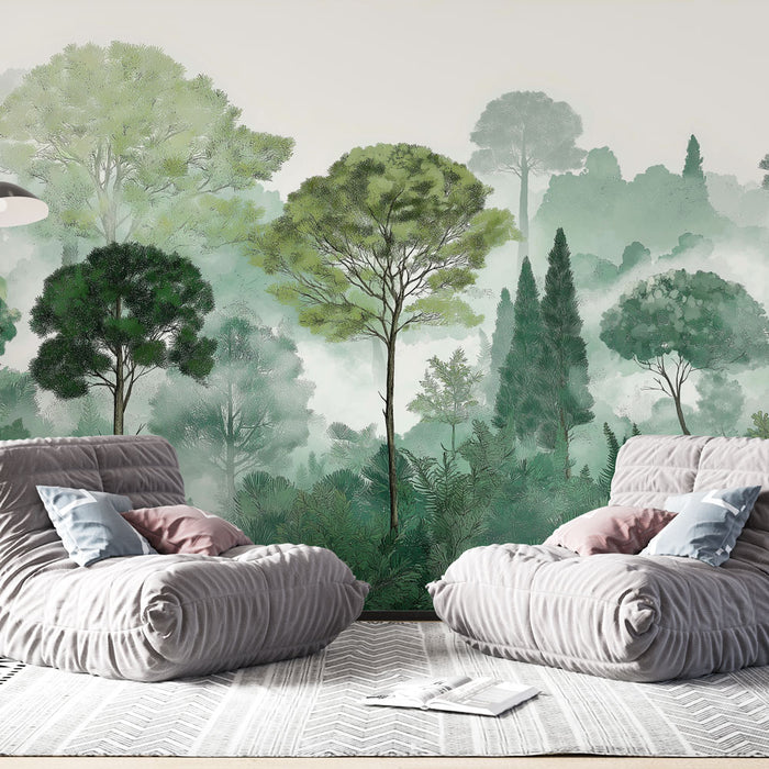 Une pièce moderne avec un papier peint représentant une forêt verdoyante, évoquant une atmosphère apaisante et naturelle grâce à ses nuances de vert.