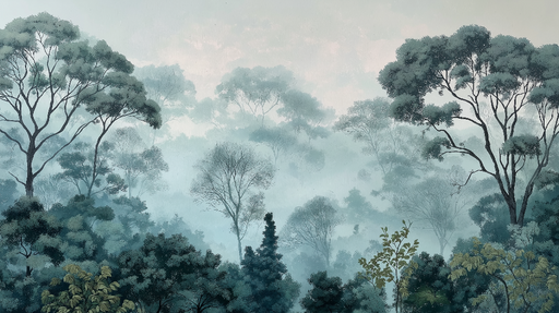 Papier peint forêt brumeuse Arbres majestueux enveloppés de brume et feuillage apaisant