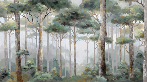 Papier peint forêt brumeuse Arbres majestueux et feuillage doux