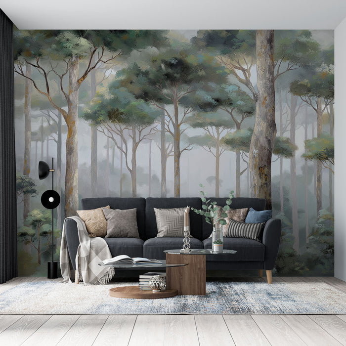 Un salon moderne avec un papier peint représentant une forêt brumeuse aux nuances de vert et de gris, créant une atmosphère apaisante et naturelle.