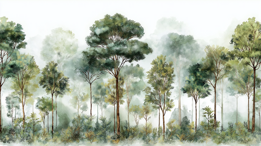 Papier peint forêt brumeuse Arbres majestueux et feuillage luxuriant dans une ambiance mystique