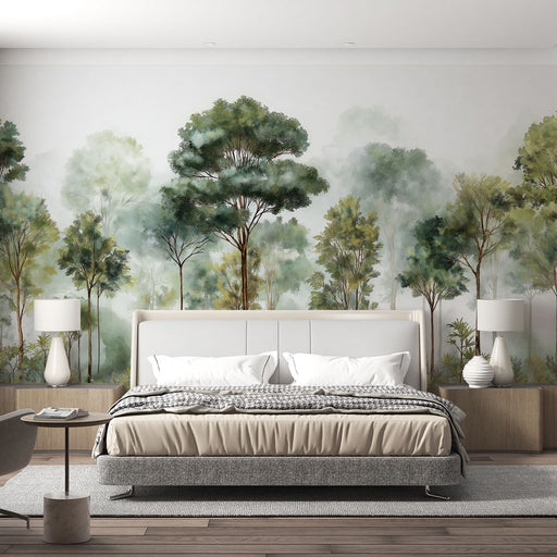 Une chambre moderne avec un papier peint représentant des arbres aquarellés dans des nuances de vert, créant une atmosphère apaisante et naturelle.