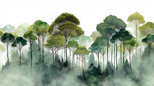 Papier peint forêt brumeuse Arbres stylisés dans une ambiance douce et naturelle