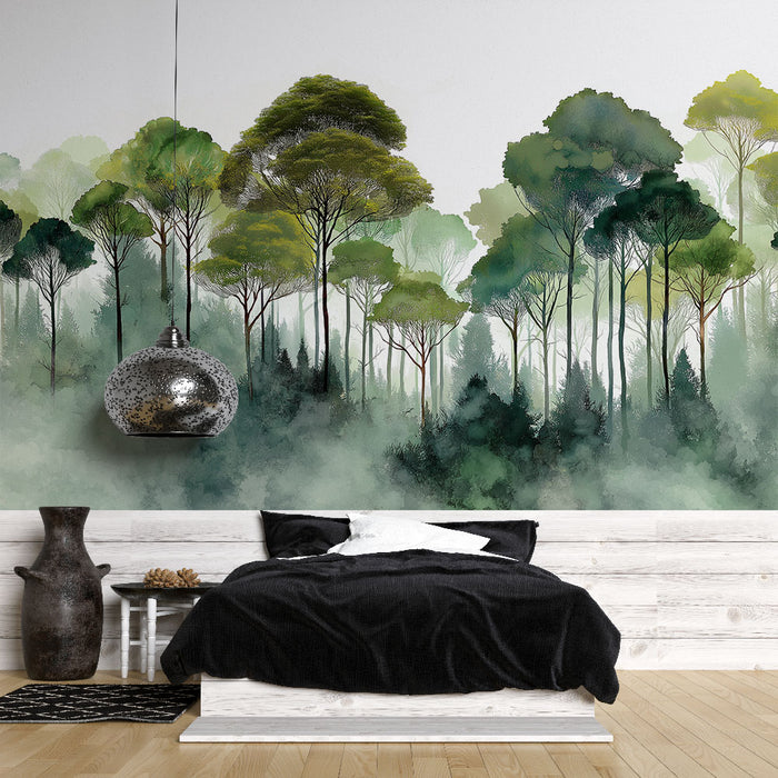 Une chambre moderne avec un papier peint représentant une forêt verdoyante aux nuances de vert, créant une atmosphère apaisante et naturelle.