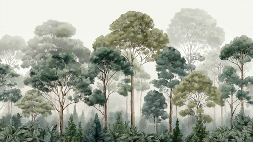 Papier peint forêt brumeuse Éléments de feuillage et silhouettes d'arbres majestueux