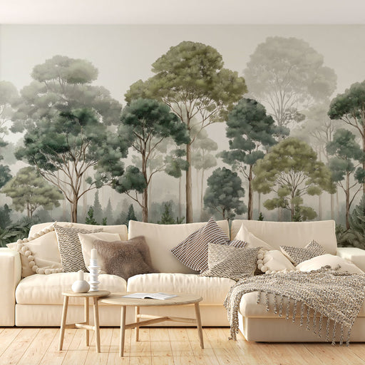 Une pièce de salon avec un papier peint représentant une forêt verdoyante, créant une atmosphère apaisante et naturelle grâce à ses teintes douces et ses motifs de feuillage.