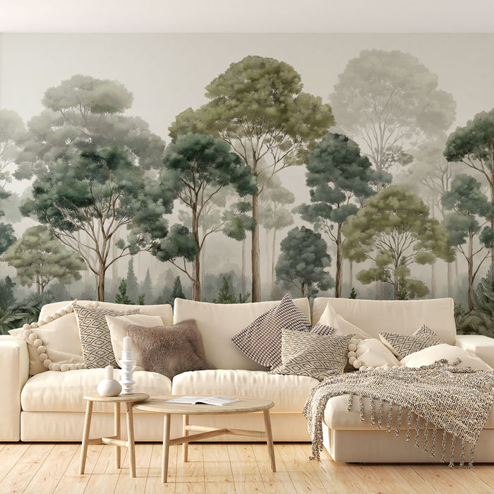 Une pièce de salon avec un papier peint représentant une forêt verdoyante, créant une atmosphère apaisante et naturelle grâce à ses teintes douces et ses motifs de feuillage.