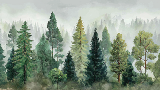 Papier peint forêt brumeuse Éléments de pins et feuillus dans une ambiance apaisante