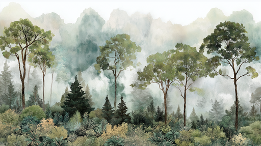 Papier peint forêt brumeuse Forêt avec des arbres majestueux et une brume subtile