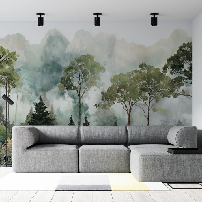 Un salon moderne avec un papier peint représentant une forêt brumeuse aux nuances de vert et de gris, créant une atmosphère apaisante et naturelle.