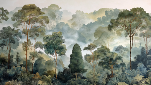 Papier peint forêt brumeuse Motif apaisant de la nature avec des arbres et des feuillages luxuriants