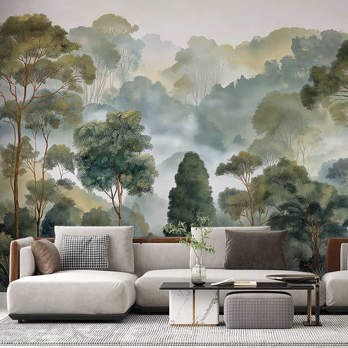 Un salon moderne avec un papier peint représentant une forêt brumeuse aux nuances de vert et de bleu, créant une atmosphère apaisante et naturelle.