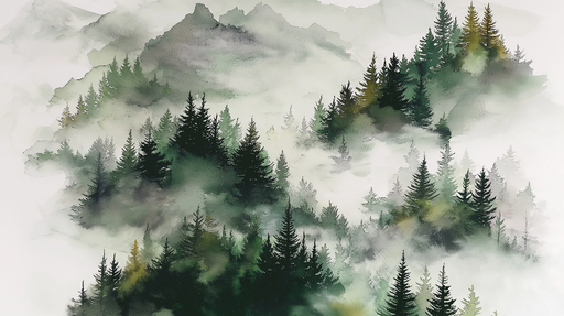 Papier peint forêt brumeuse Paysage aquarelle de conifères dans une ambiance mystique