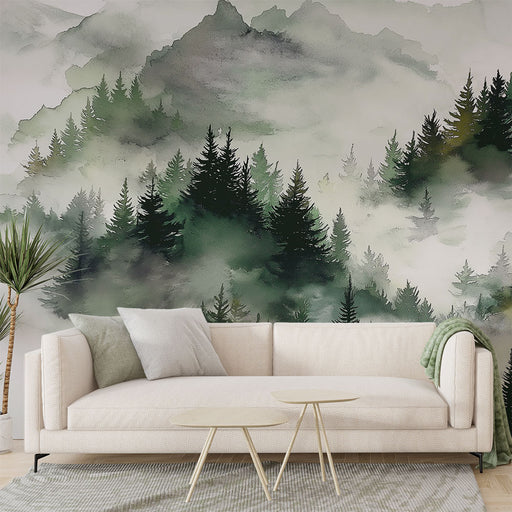 Un salon moderne avec un papier peint aquarelle représentant des montagnes et des forêts vertes, créant une ambiance apaisante et naturelle.
