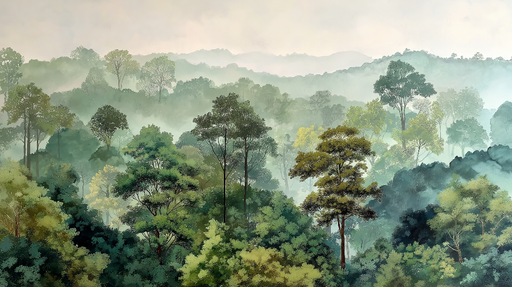 Papier peint forêt brumeuse Paysage de forêt verdoyante entouré de brume légère