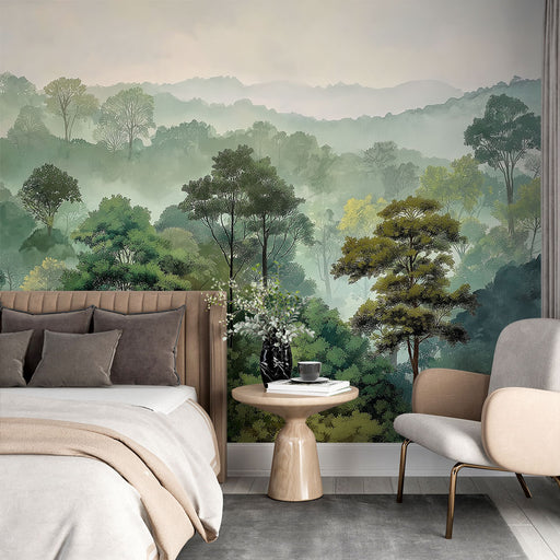 Une chambre moderne avec un papier peint représentant un paysage forestier brumeux aux nuances de vert, créant une atmosphère apaisante et naturelle.