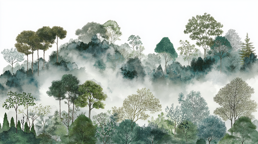 Papier peint forêt brumeuse Paysage de nature avec arbres variés et des nuances de verts subtils