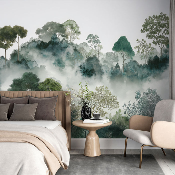 Une chambre apaisante avec un papier peint représentant une forêt brumeuse aux nuances de vert et de bleu, créant une atmosphère naturelle et sereine.