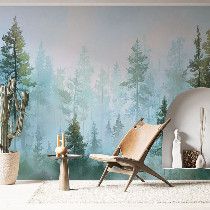 Une pièce moderne avec un papier peint représentant une forêt brumeuse aux teintes douces de vert et de bleu, créant une atmosphère apaisante et naturelle.