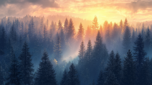 Papier peint forêt brumeuse Scènes de forêt au lever du soleil