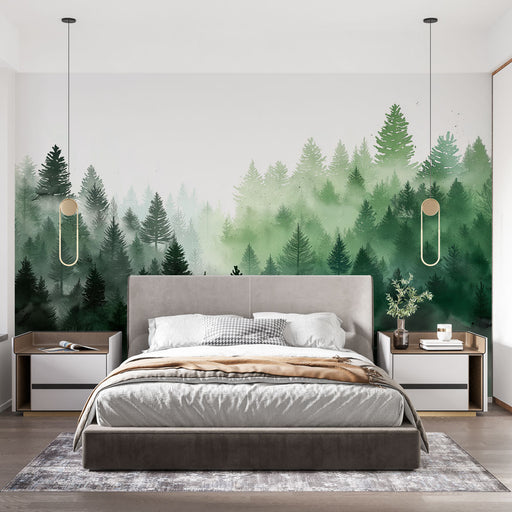 Une chambre moderne avec un papier peint représentant une forêt dense aux nuances de vert, créant une atmosphère apaisante et naturelle.