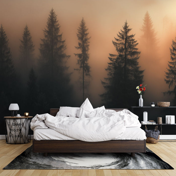 Papier peint forêt brumeuse | Silhouettes d'arbres dans une atmosphère mystique
