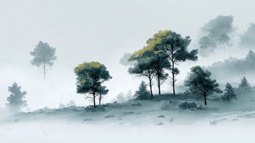 Papier peint forêt brumeuse Silhouettes d'arbres dans une atmosphère paisible