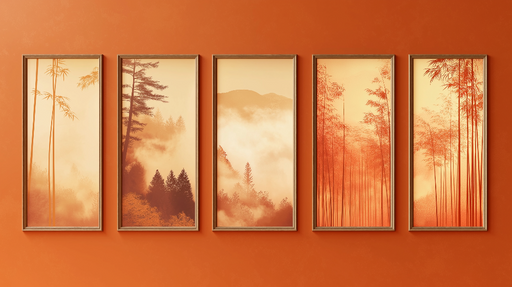 Papier peint forêt brumeuse Silhouettes d'arbres et de bambous dans des tons orange doux