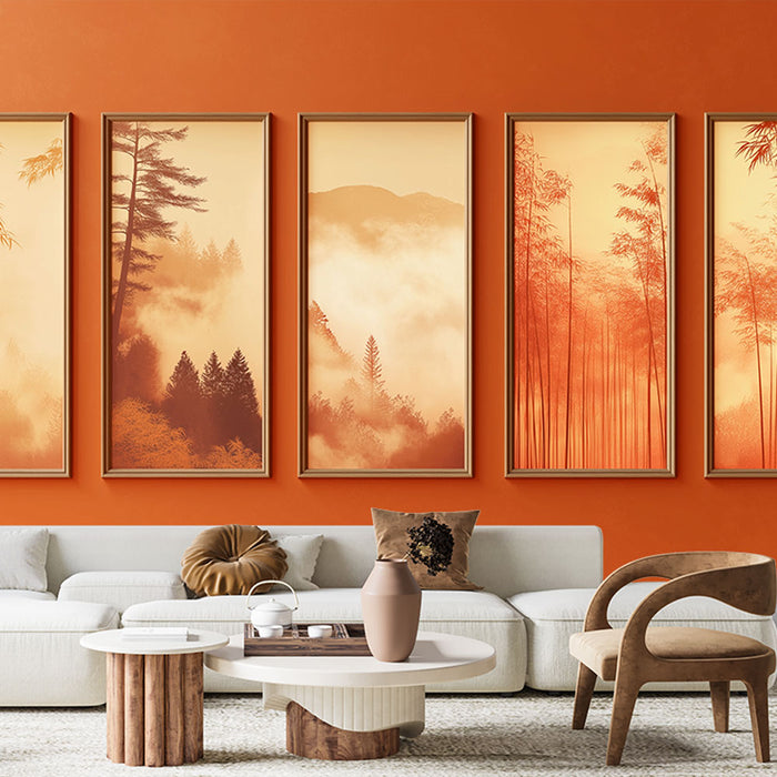 Un salon moderne avec un papier peint orange vif, décoré de tableaux représentant des paysages brumeux aux teintes chaudes, créant une atmosphère chaleureuse et accueillante.