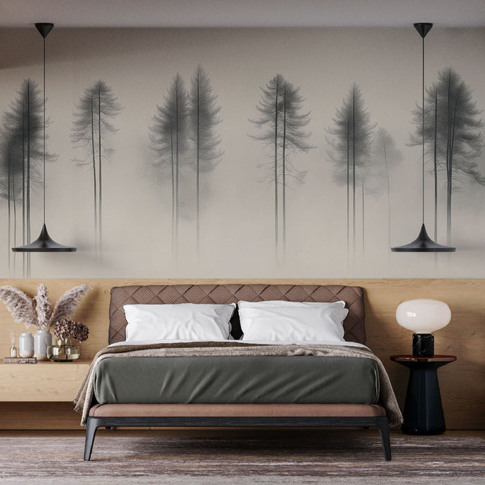 Une chambre moderne avec un papier peint représentant des silhouettes d'arbres en dégradé gris sur fond beige, créant une atmosphère apaisante et naturelle.