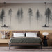 Une chambre moderne avec un papier peint représentant des silhouettes d'arbres en dégradé gris sur fond beige, créant une atmosphère apaisante et naturelle.