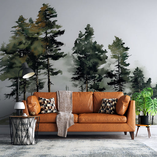 Une pièce de vie moderne avec un papier peint représentant des arbres aquarellés dans des teintes vertes et brunes, créant une atmosphère naturelle et apaisante.