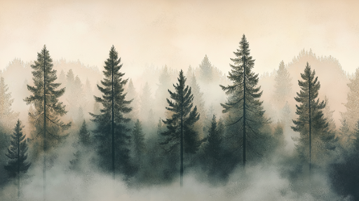 Papier peint forêt brumeuse Silhouettes d'arbres majestueux dans une ambiance sereine