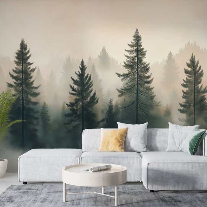 Papier peint forêt brumeuse | Silhouettes d'arbres majestueux dans une ambiance sereine