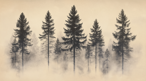 Papier peint forêt brumeuse Silhouettes d'arbres majestueux en contraste avec un fond doux