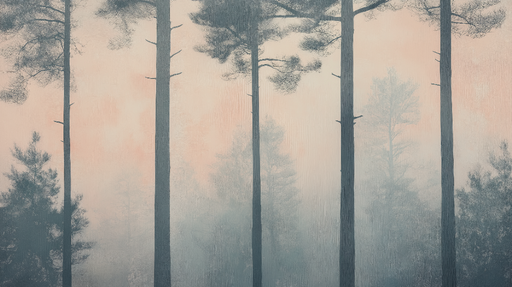 Papier peint forêt brumeuse Silhouettes de pins dans une atmosphère douce et rêveuse