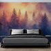 Une chambre moderne avec un papier peint représentant une forêt brumeuse aux teintes chaudes et mystérieuses, créant une atmosphère apaisante et envoûtante.