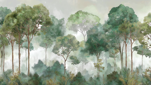 Papier peint forêt brumeuse Un paysage apaisant de silhouettes d'arbres dans un brouillard léger